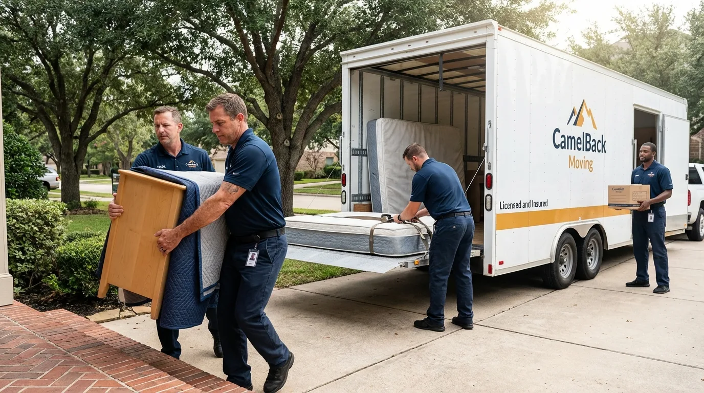 Crew loading residential truck for cross-state move from Union City, OK