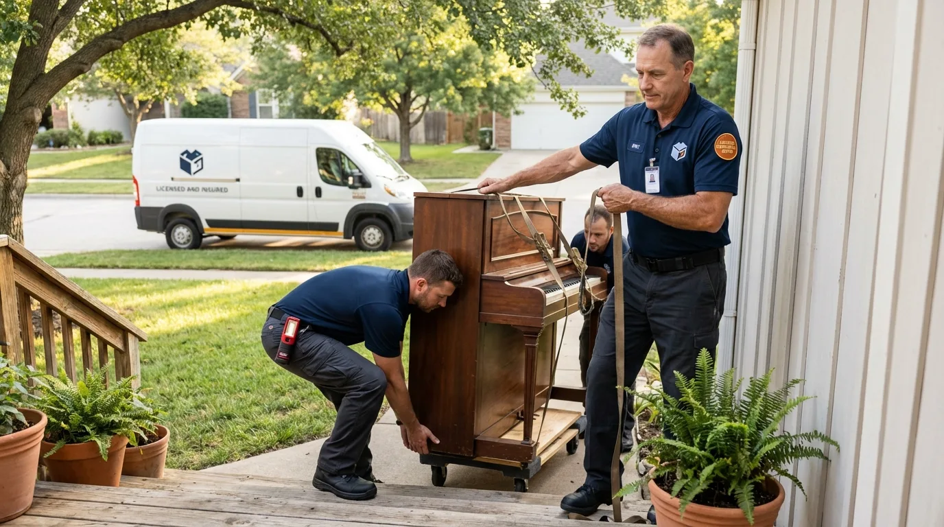 Licensed piano movers securing grand piano in Union City, OK