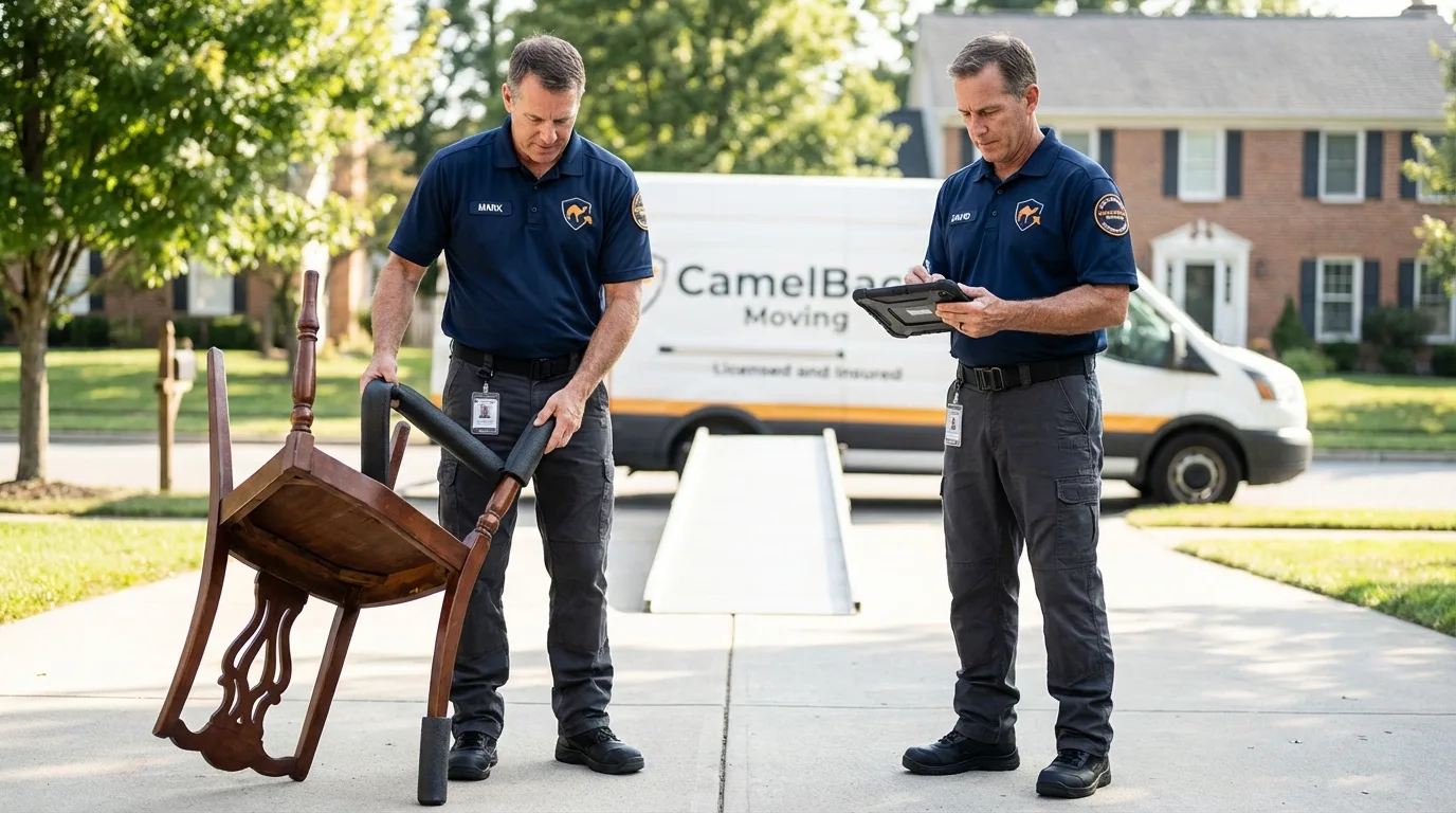 Movers inspecting furniture for damage prevention before loading in Union City, OK