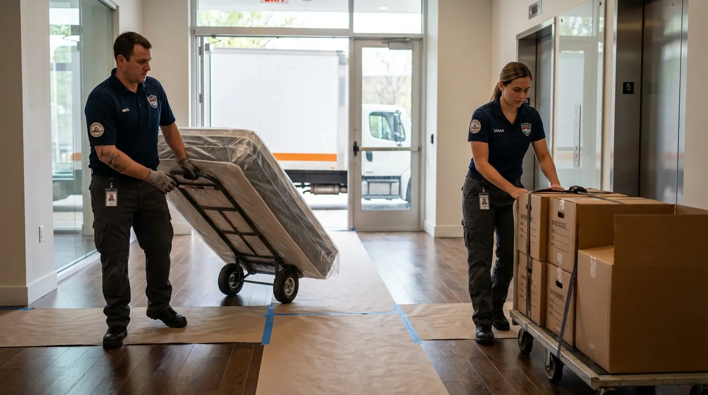 Professional apartment movers loading elevator in Union City, OK