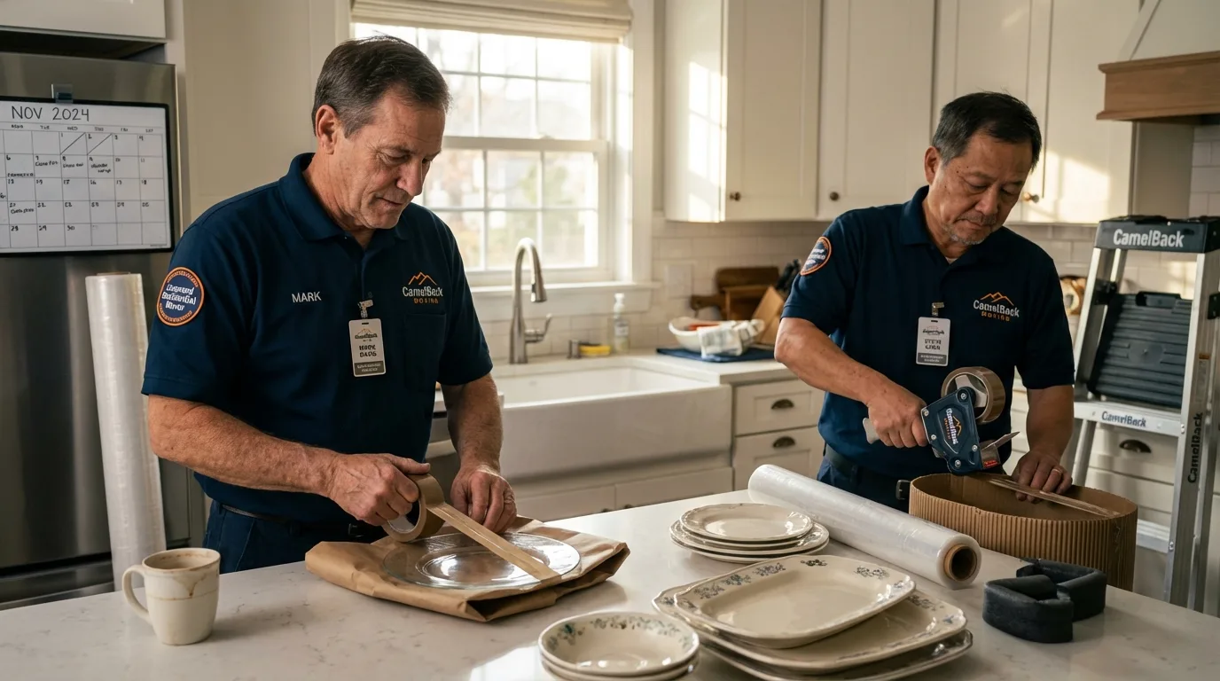 Professional crew packing kitchen dishware in Union City, OK